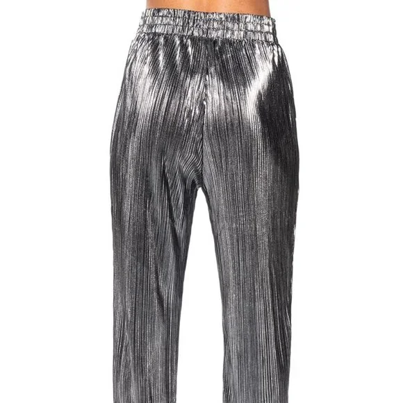 Elaine Pleats Please: Silver Metallic Palazzo Pant M - Picture 5 of 6